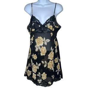Vtg Victoria's Secret 90s Chiffon Slip Dress Gold Rose Lace Whimsy MEDIUM Mini